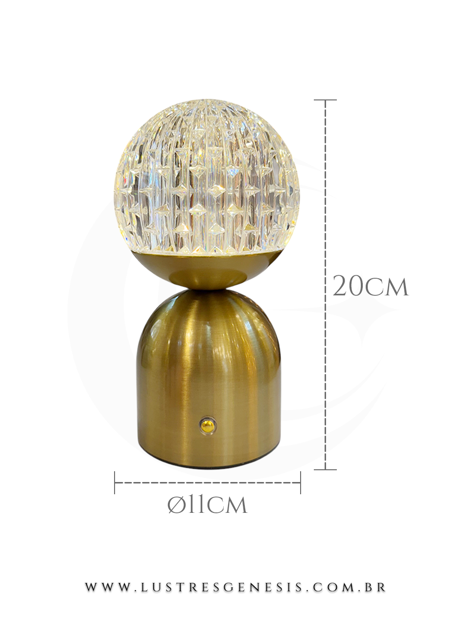 Abajur sem fio dimerizável Blow Bronze com base dourada e cúpula de cristal, dimensões de 20 cm de altura e 11 cm de diâmetro, ideal para decoração de mesa de cabeceira, cômoda ou canto de leitura.